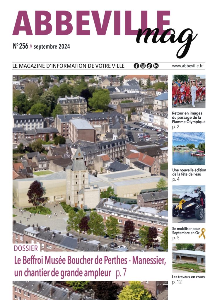 Couverture du numéro de septembre 2024 du magazine "Abbeville mag". Vue aérienne d'Abbeville, mettant en valeur le Beffroi Musée Boucher de Perthes. Comprend des articles sur la flamme olympique, les vélos électriques, les événements de septembre et les travaux en cours.