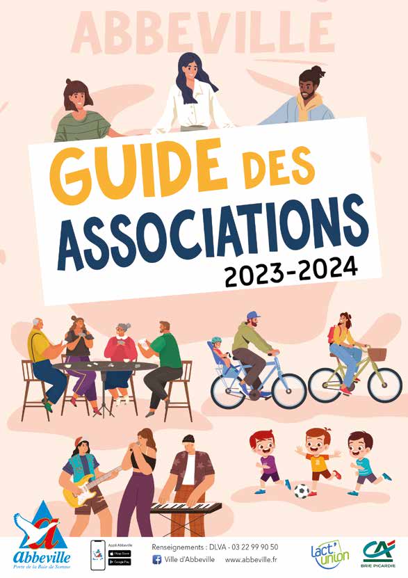 Une affiche colorée pour le « Guide des associations 2023-2024 » mettant en vedette diverses personnes engagées dans diverses activités comme le vélo, la peinture et le football. Les logos des sponsors sont en bas, avec les coordonnées d'Abbeville.