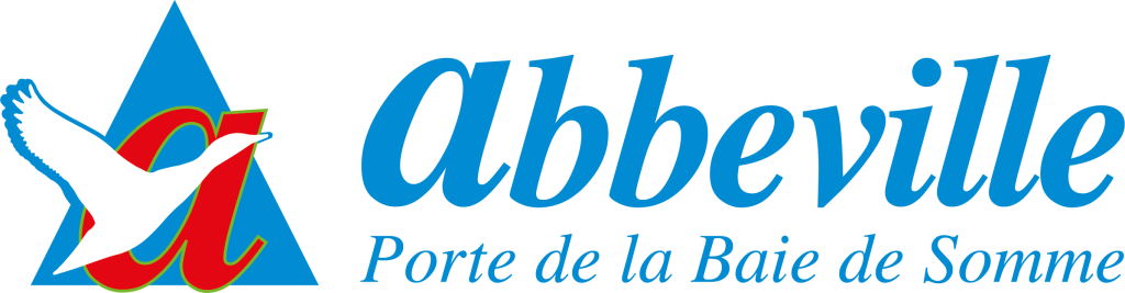 Logo d'Abbeville avec un triangle bleu, un oiseau blanc et une lettre "a" stylisée en rouge. Le texte se lit "Abbeville" en bleu, suivi de "Porte de la Baie de Somme" en plus petit en dessous.