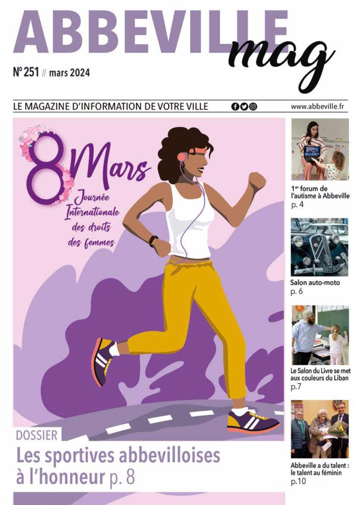 Une couverture de magazine intitulée « Abbeville mag » pour mars 2024. Présente une femme qui court, célébrant la Journée internationale de la femme le 8 mars. Comprend des articles sur l'autisme, un salon auto-moto, une foire aux vins et fromages et un événement de course haut en couleur.