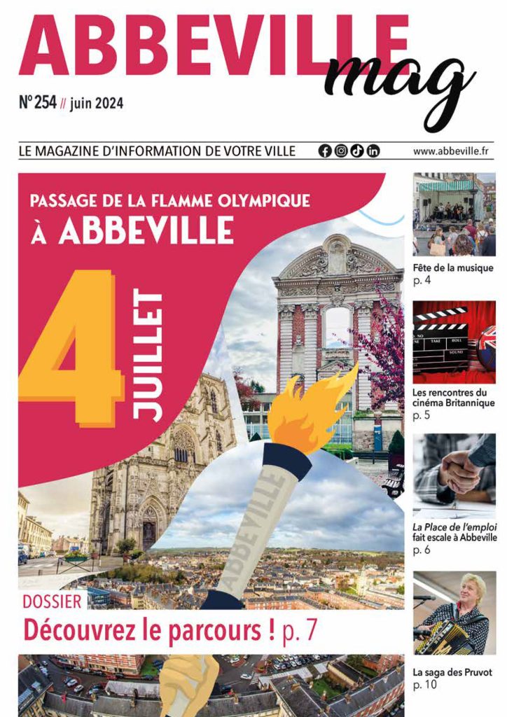 Couverture du numéro de juin 2024 du magazine "Abbeville Mag". Titre et date, "Passage de la flamme Olympique à Abbeville", date "4 Juillet", et image d'une ville avec une main tenant une torche. Petits aperçus des articles en pages 4 et 7.