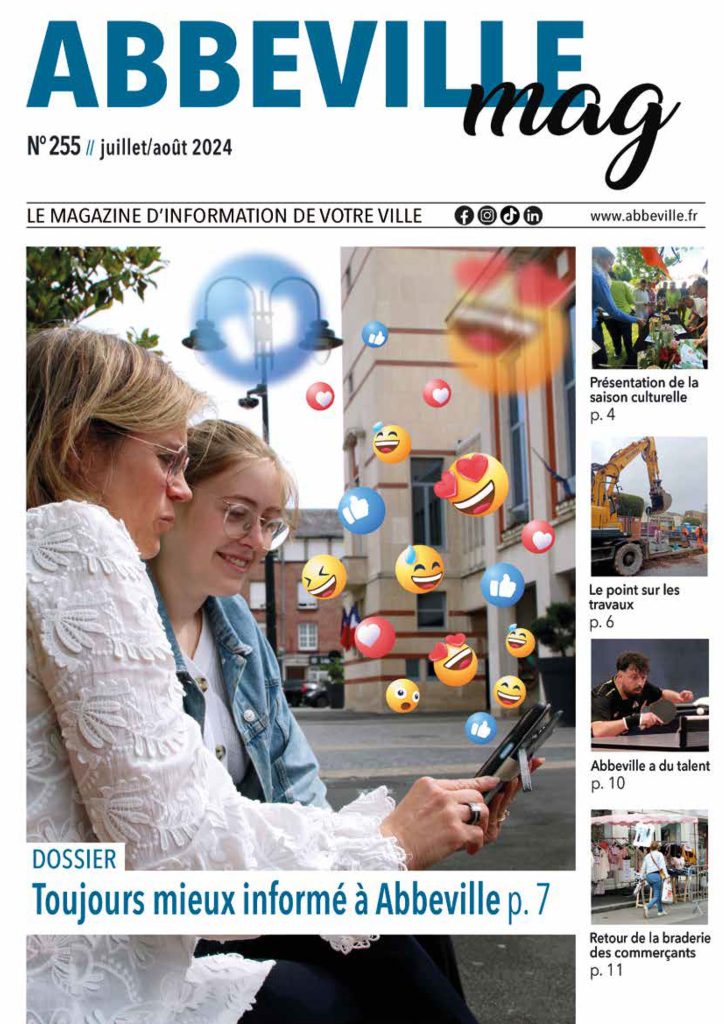 Couverture du numéro 255 d'Abbeville Mag, juillet/août 2024. Deux personnes assises à l'extérieur, interagissent avec des smartphones et des émojis. Présentation de la saison culturelle, actualités d'Abbeville et événement shopping. Texte en français.