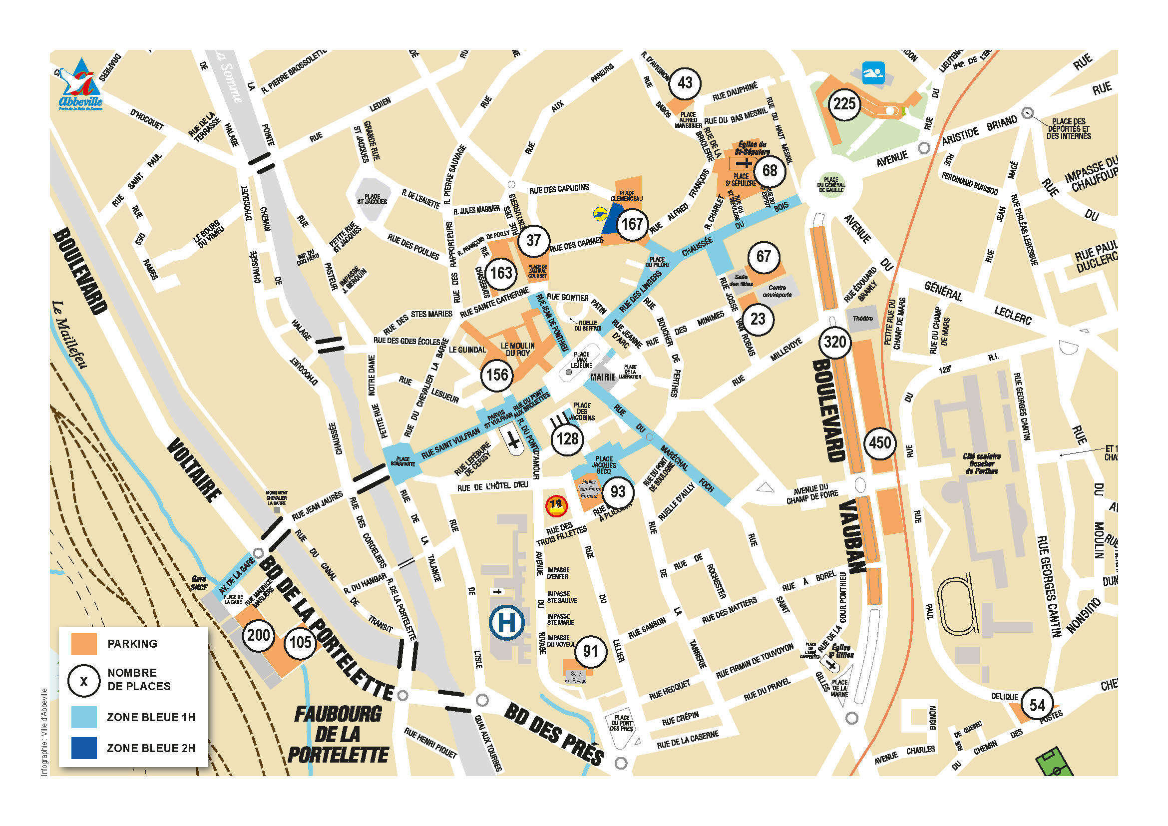 Carte d'une zone urbaine délimitée par des zones bleues pour le stationnement. Comprend les noms des rues, les emplacements de stationnement avec des numéros indiquant la disponibilité et les routes principales étiquetées. Le rond-point central est mis en évidence.