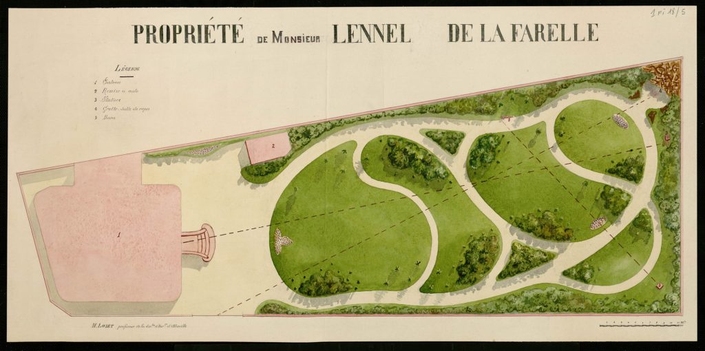 Carte détaillée d'époque illustrant le terrain de la « Propriété de Monsieur Lennel de la Farelle ». Elle montre des sentiers sinueux, des zones herbeuses et des éléments étiquetés tels qu'une maison, des écuries et des jardins, conçus par A. Lacout.