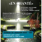 Affiche illustrée de "La Fontaine 'En Chanté'" avec musiciens et violoncelle. Animation le samedi 25 janvier 2025, à 18h, Auditorium Albert Laurent, Conservatoire de la Baie de Somme. Entrée libre, sur réservation. Contact : 03 22 24 41 28.