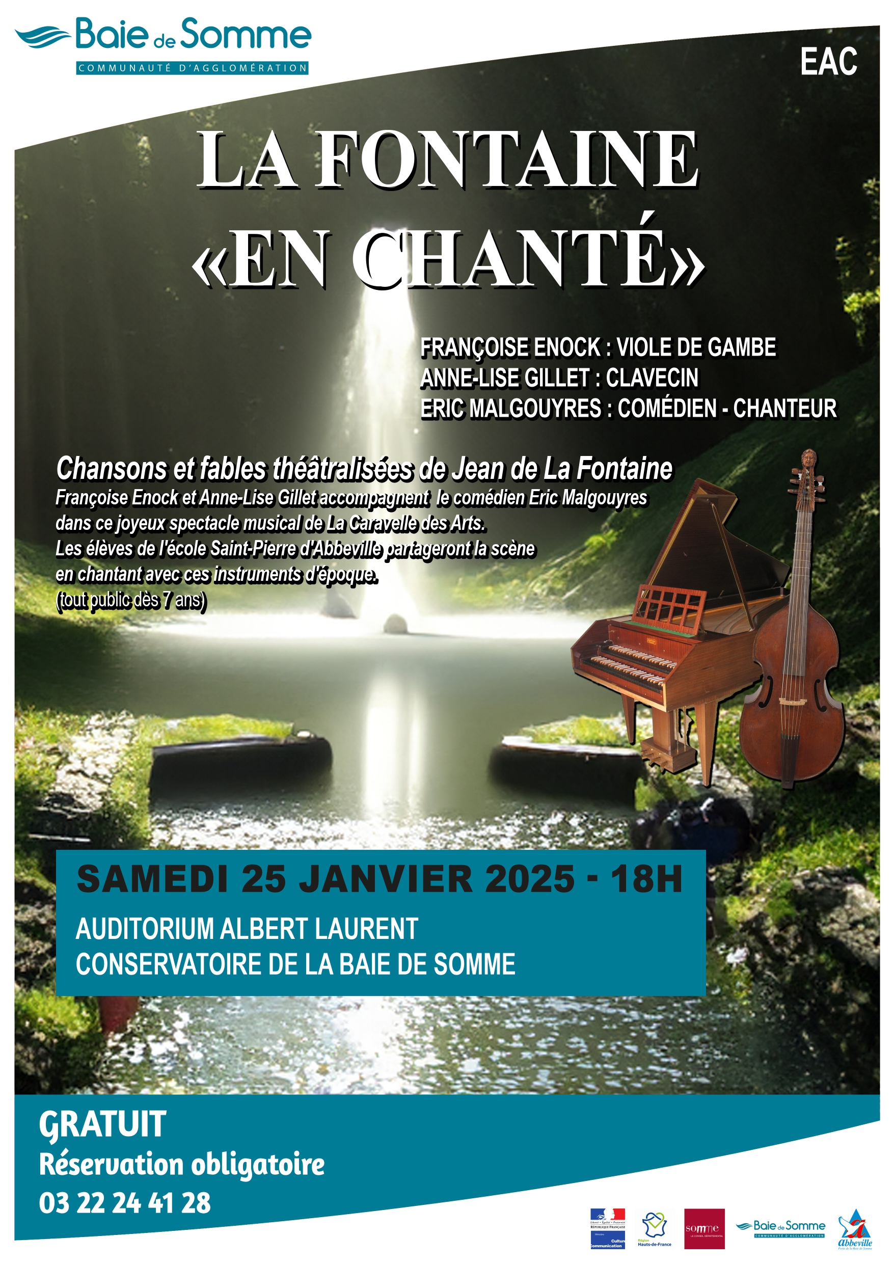 Affiche illustrée de "La Fontaine 'En Chanté'" avec musiciens et violoncelle. Animation le samedi 25 janvier 2025, à 18h, Auditorium Albert Laurent, Conservatoire de la Baie de Somme. Entrée libre, sur réservation. Contact : 03 22 24 41 28.