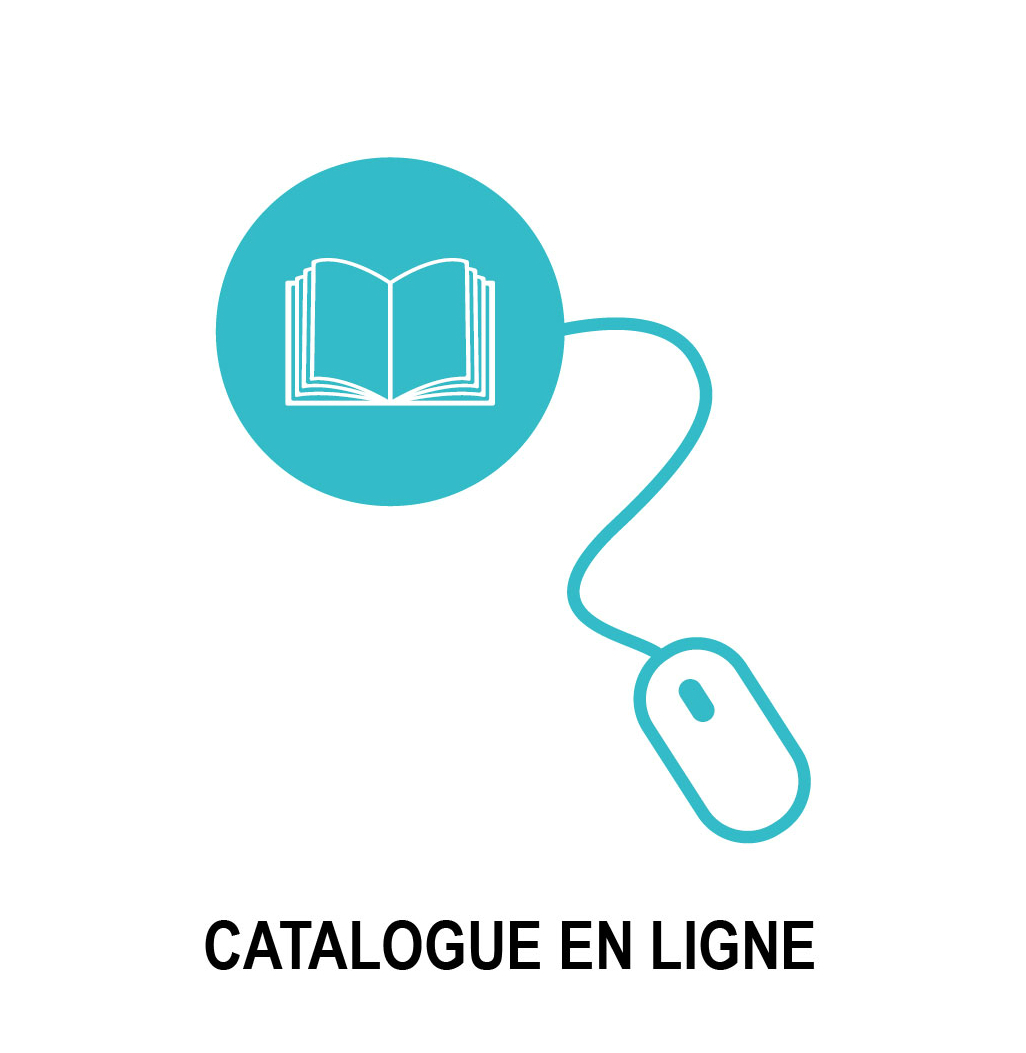 Une icône représentant un livre ouvert dans un cercle turquoise est reliée par une ligne à une souris d'ordinateur, symbolisant l'accès au catalogue en ligne. Le texte « Catalogue en ligne » est affiché en dessous.