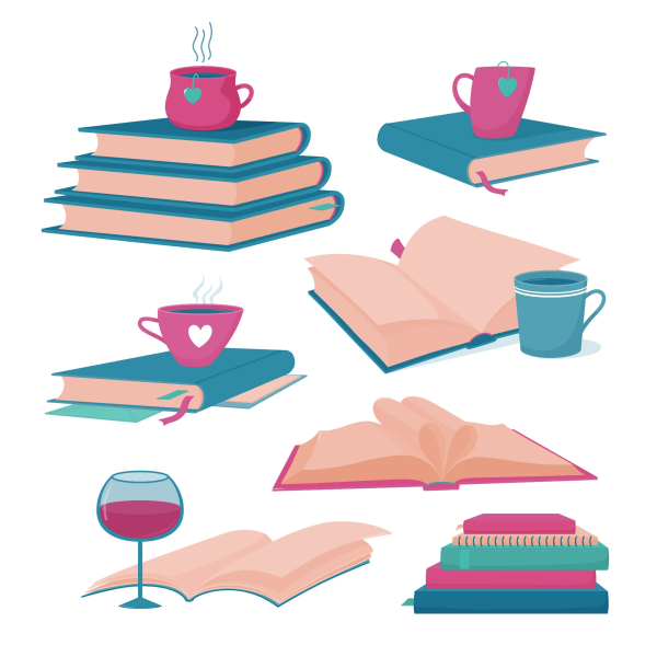 Illustration de livres, de tasses de thé et d'un verre de vin. Les livres sont empilés ou ouverts, avec de la vapeur s'élevant des tasses de thé et d'un verre de vin à proximité. Les couleurs sont des pastels doux, créant une atmosphère de lecture chaleureuse.